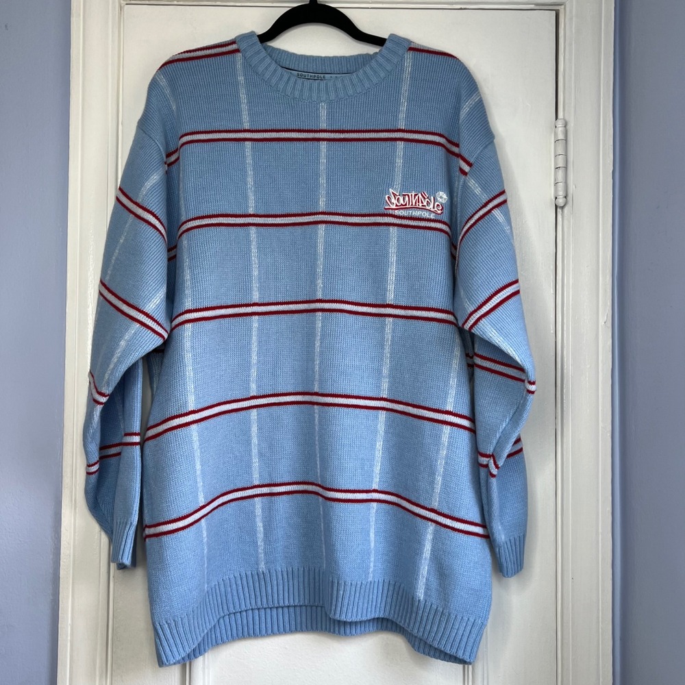 Y2K Vintage SouthPole Sweater‎ Baby Blue Red Stripe Embroidered Men's Size Large